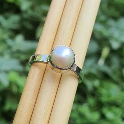 White Pearl Ring 925 Sterling Silver Handmade Ring Boho Ring Valentines Day  Gift