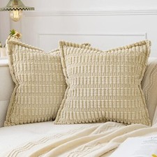 Beige Corduroy Decorative Pillow Covers Broad Edge Boho Pack of 2 18x18