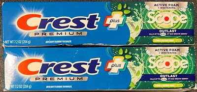2 Pack Crest Premium Plus Scope Outlast Fluoride Toothpaste - 7.2 OZ - Exp 2027