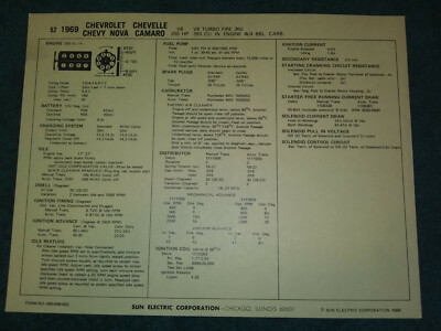 1969 CHEVROLET CAMARO / NOVA / CHEVELLE 350 ENGINE SUN TUNE-UP CHART / 4BBL
