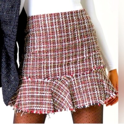 Francescas Red Tartan Plaid Tweed Mini Skirt Womens Large Holidays Ruffle Frayed