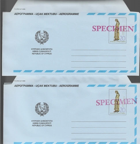 CYPRUS 1994, 2 DIFFERENT POSTAL STATIONERY AIRLETTER AEROGRAMME Opt SPECIMEN