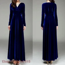 Women Velvet V Neck Swing Dress Long Sleeve Cocktail Party Maxi Dress Ball Gown