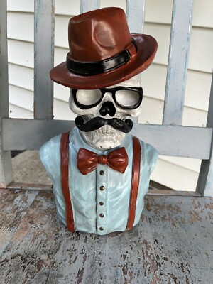 Cool Hipster Disguise Skeleton Bust Statue Mustache, Bow Tie & Fedora Halloween