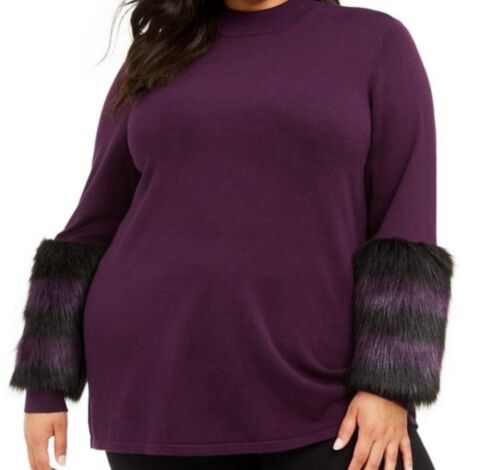 Alfani Women's Plus Size Faux Fur Long Sleeve Sweater High Neck Purple Size 2X