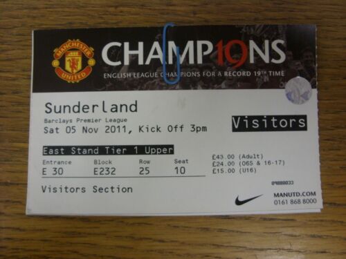 05/11/2011 Ticket: Manchester United v Sunderland  . Faults with this item shoul - Afbeelding 1 van 1