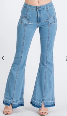 Litz by Uniq Jeans 26/3Blue Star Cut Out Patch Center Seam Slit Raw Flare Hippie