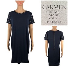 Carmen Marc Valvo Womens Medium Blue Studded Short Sleeve Sheath Stretch NWT