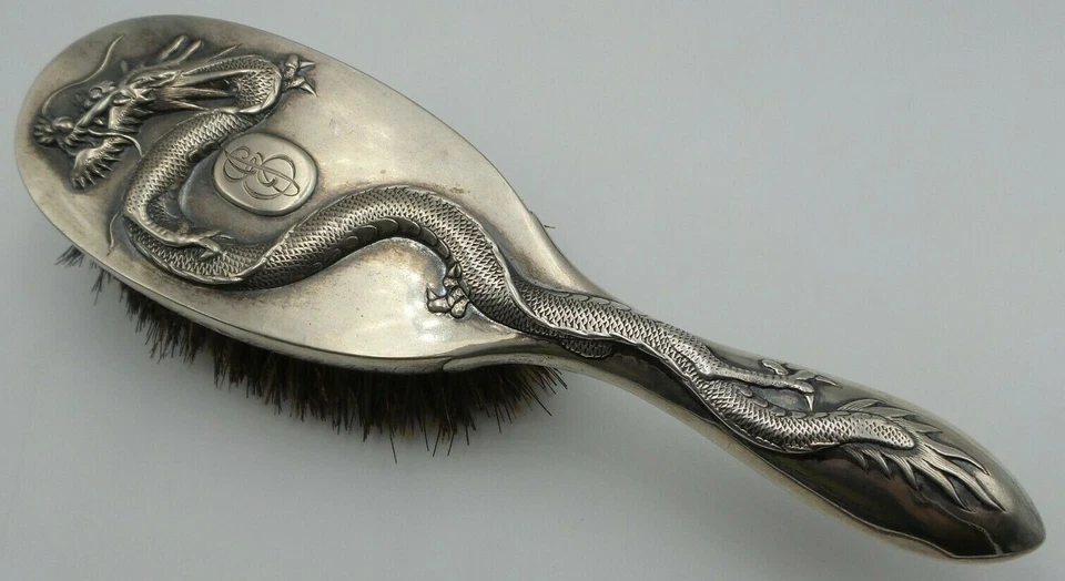 Antique 1900s TUCK CHANG Chinese Export Sterling Silver Dragon Vanity Brush - Image 4 of 4