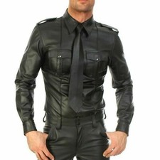 MEN'S REAL BLACK LAMBSKIN LEATHER POLICE MILITARY STYLE SHIRT GAY BLUF CUIR