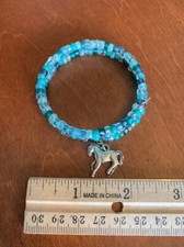 Girls Horse Charm Handmade Green Blue Bead Wire Stretch Bracelet 2 1/4"