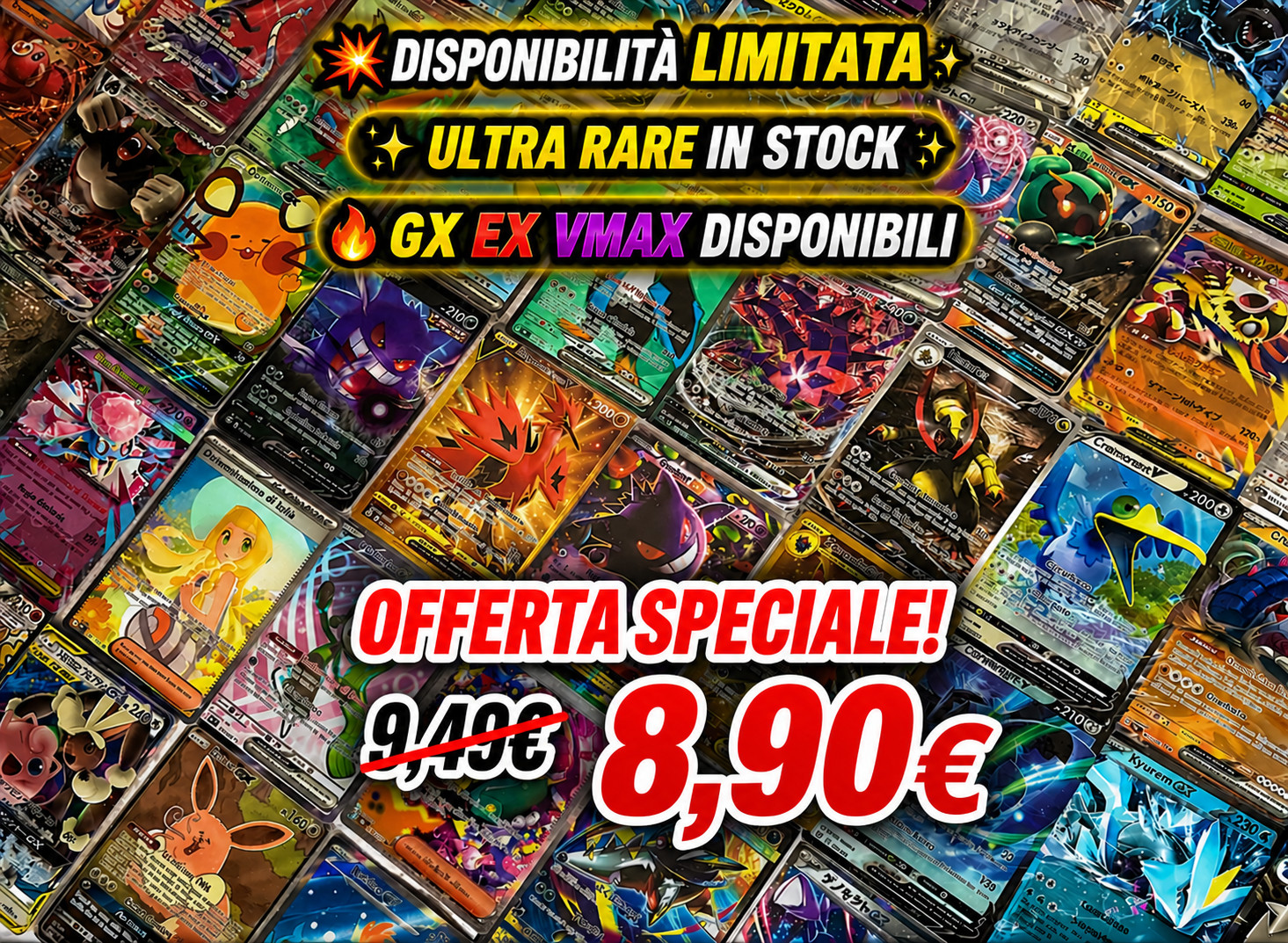 🔥 50 Carte Pokémon Lotto + HIT CARTA GARANTITA GX EX V ILLUSTRAZIONE RARA 🎁