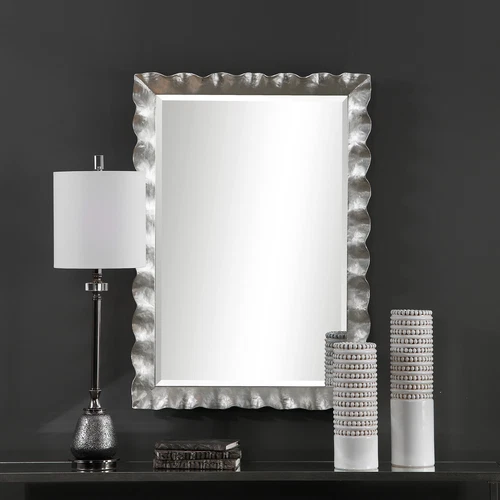 Large Silver Scalloped Edge Vanity Mirror, 40" Curved Black Vanity Metal - Picture 2 of 6