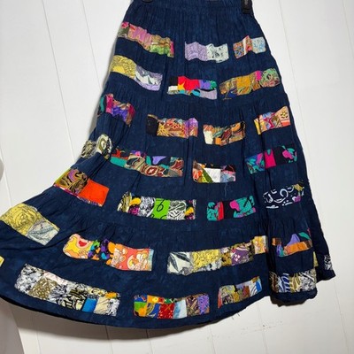 VTG Y2K Navy Blue Whimsy Cottage Patchwork Tiered Rayon Midi Skirt Medium Gypsy
