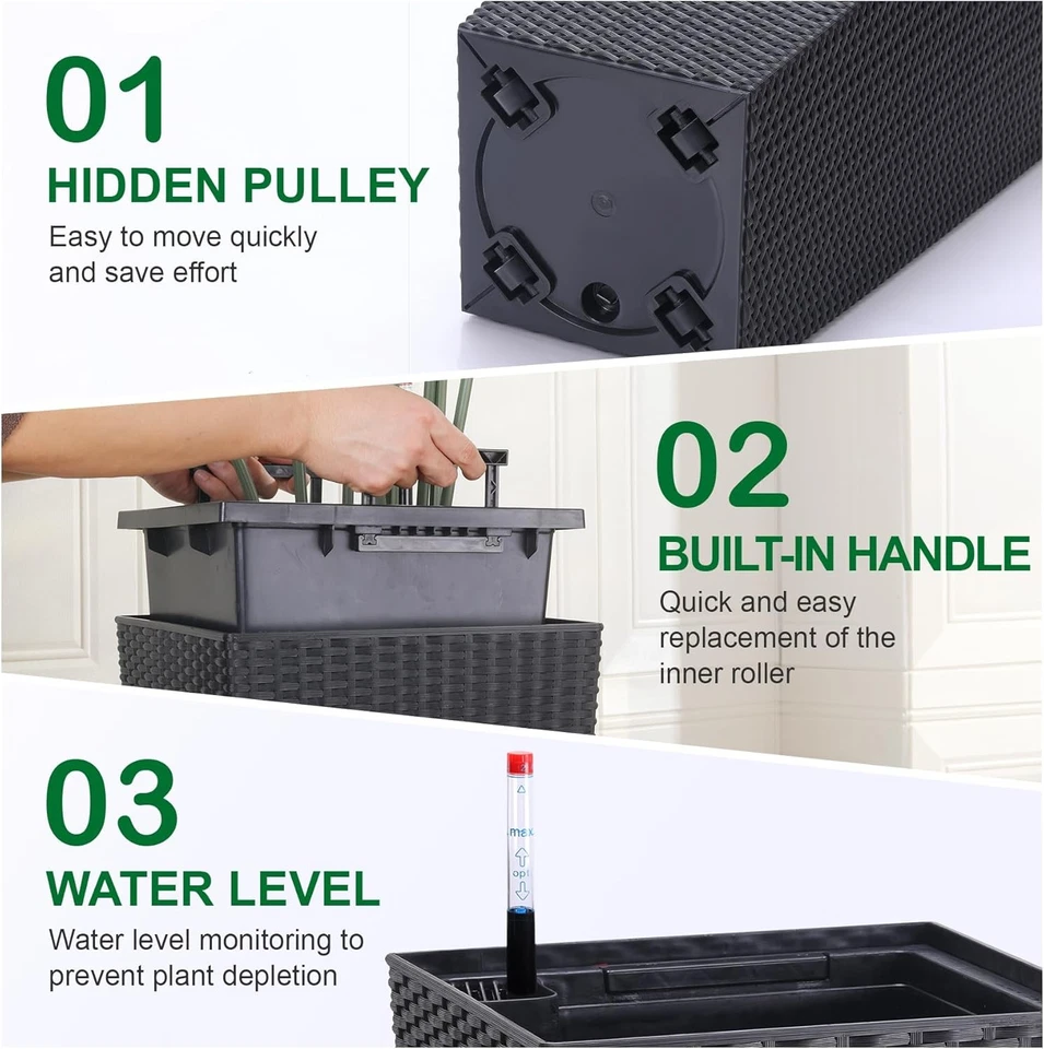 Large Rattan Style Self-Watering Planter with Wheels & Water Gauge 22.4 in Black - Image 2 of 4