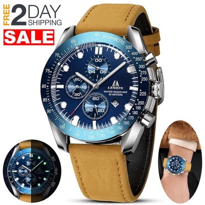 Reloj Analógico Cuarzo Lujo Azul Correa De Cuero Marrón Relojes Para Hombre 30M