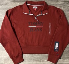 Tommy Jeans 1/4 Zip Cropped Top Pullover Red Sweatshirt, Size Medium, NWT 59