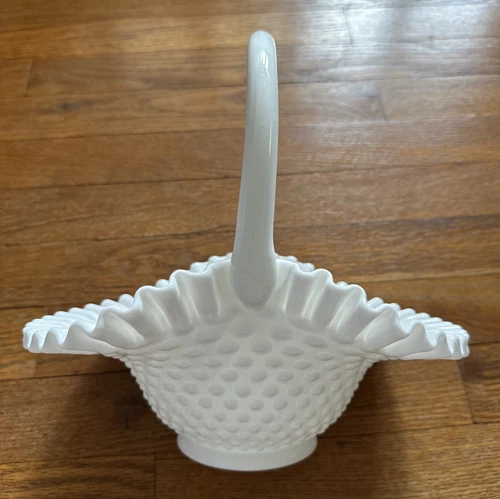 Vintage Fenton Large Milk Glass Hobnail Basket Ruffled Rim - Grandmacore Easter