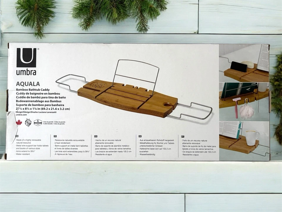 UMBRA AQUALA EXTENDABLE AND ADJUSTABLE BAMBOO BATH CADDY, NATURAL *DISTRESSED PK - Image 2 of 2