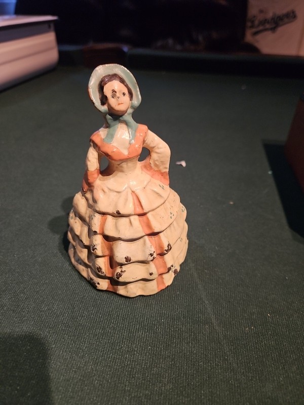 Antique Cast Iron Southern Belle Ruffle Dress Bonnet Doorstop VG Original Paint