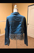 Women’s Blue Short Denim Jacket 3XS Fringe Hem Button Front Collared Pockets