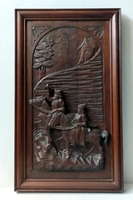 Decorative Wall Panel Solid Oak Sculpted Scene High Era 19th Century