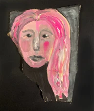 Woman Portrait Painting Long Pink Hair Original Naive Outsider Art Miz Katie