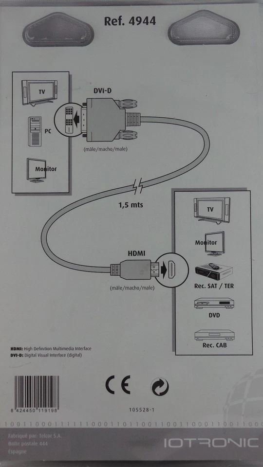 1,5m DVI-D auf HDMI FULL HD Kabel TFT Notebook HD PS3 Beamer OVP - Bild 2 von 2