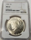 1922 PEACE SILVER DOLLAR S$1 NGC MS62 #6589874-013