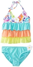 KENSIE GIRL 2 PIECE RUFFLE HALTER TANKINI SWIM SET WHITE MULTI SIZE 4 NEW! $40