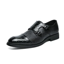 Men Leather Double Monk Strap Pointed Toe Slip On Dress Loafers