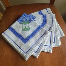 Set Of 5 French Cotton Linen Napkins Country Lavender Flower Print- Boho Chic