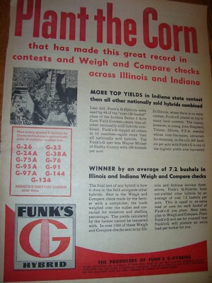 VINTAGE SEED  CORN ADVERTISING- FUNKS G  HYBRID SEED CORN-IND /IL-10 x 14'' -1958