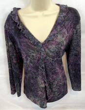 AGB 90's Vtg Ruffled Blouse Top 3/4 Sleeve Purple/Gray - Made in USA - Size XL