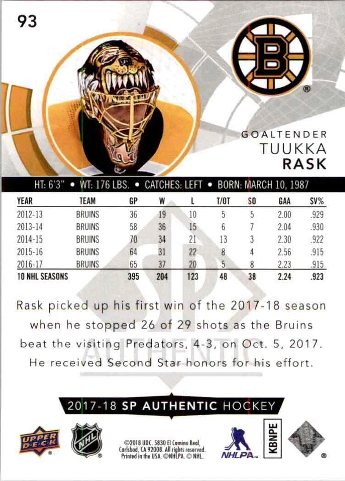 2017-18 Upper Deck SP Authentic Tuukka Rask #93 - Image 2 of 2