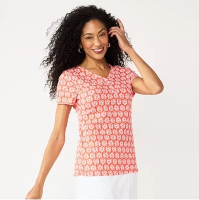 Croft & Barrow Top Womens Size XL Red White 100% Cotton Short Sleeve