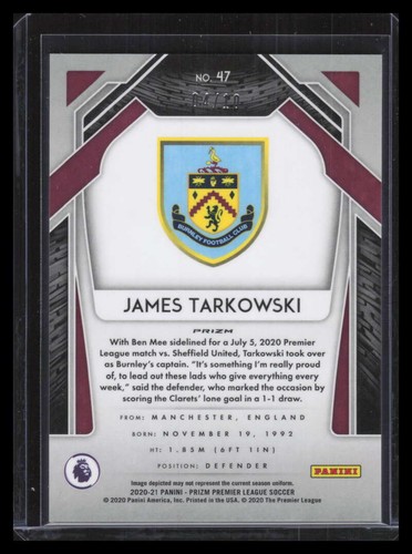 2020-21 Panini Prizm English Premier League Prizms Gold 47 James Tarkowski 4/10 - Picture 2 of 2