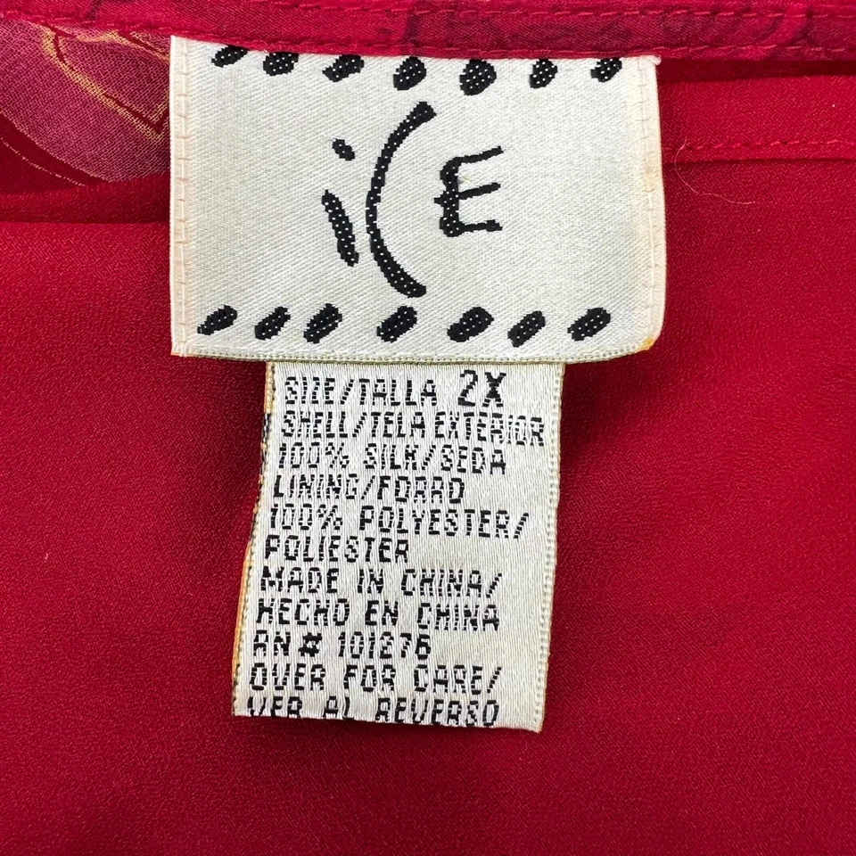 Blusa DE COLECCIÓN ICE 2X Roja Floral Seda Transparente Volantes Cuello en V Manga Campana Gasa Top Foto 2 de 4