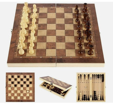 3in1 Folding Wooden Chess Set Board Game Checkers Backgammon Draughts Large