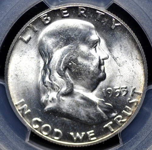 1953 FRANKLIN HALF DOLLAR PCGS MS 63 ALL WHITE AND LUSTROUS, AVERAGE STRIKE, FEW