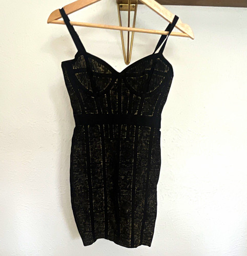 bebe Black Gold Metallic Bodycon Mini Dress Sweetheart Zip Straps Size S