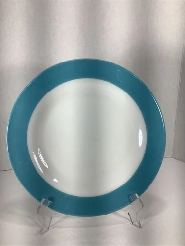 Vintage Pyrex Dinnerware Milk Glass Turquoise Blue Rim  10” Dinner Plate