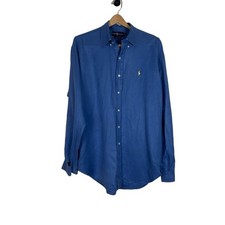Ralph Lauren Mens Blake Silk Linen Shirt Size L Blue Coastal Ivy League FLAW
