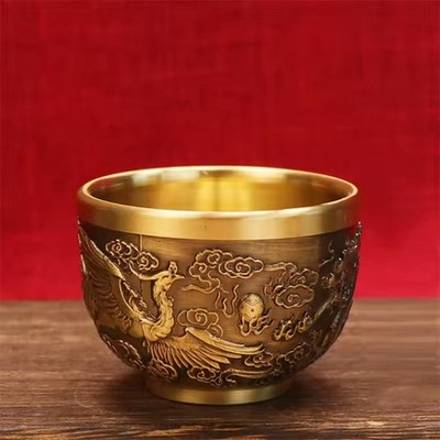 Good Luck Phoenix Cylinder Ornament Traditional Hand Carved Brass Drinking Cup P