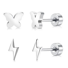 Flat Back Earrings for Women, 2 Pairs Silver Titanium Earring, Hypoallergenic...