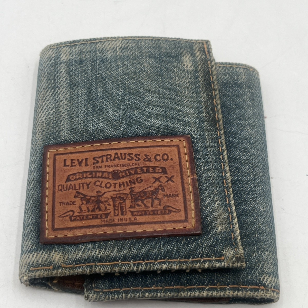 Vintage Levi's Denim Trifold Wallet W/ Brown Leather Rare Levi's