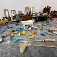 Vtg  Miniature Dollhouse Furniture Lot Hutch Table Chairs Bath Cups Plates Tub