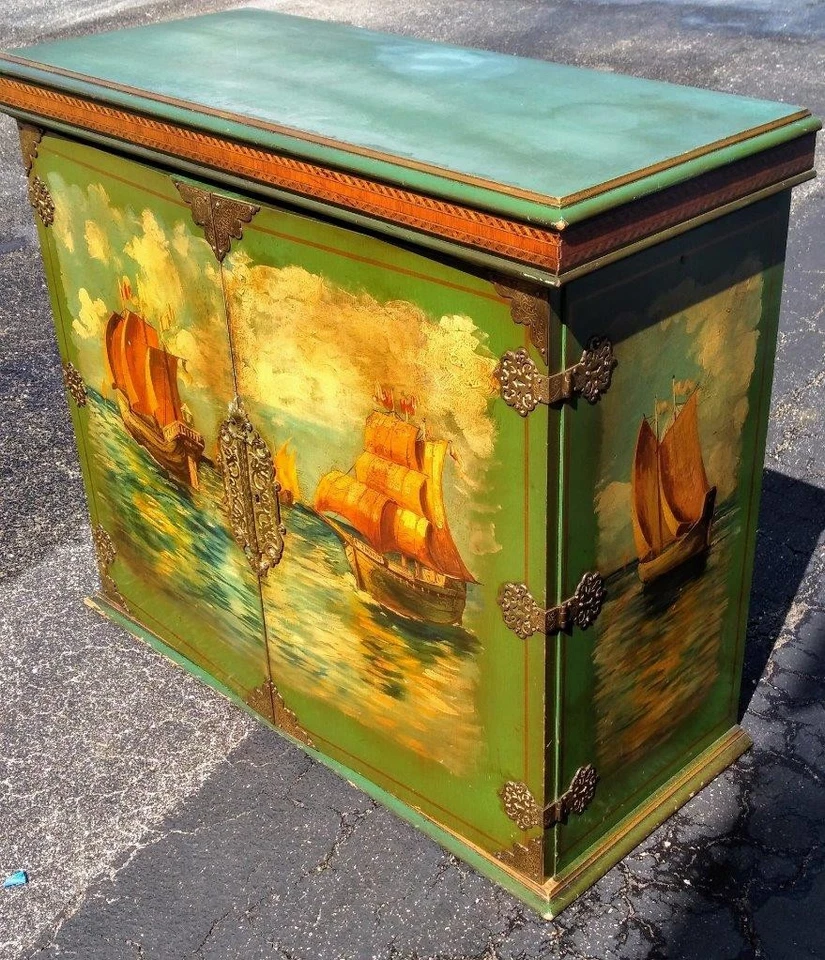 Antigo navio náutico pintura a óleo pintado armário missão madeira baú móveis - Imagem 2 de 4