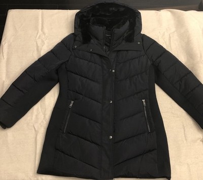 Andrew Marc Women Jacket L Navy & Faux Fur Long Bib-Front Full Zip Puffer Jacket