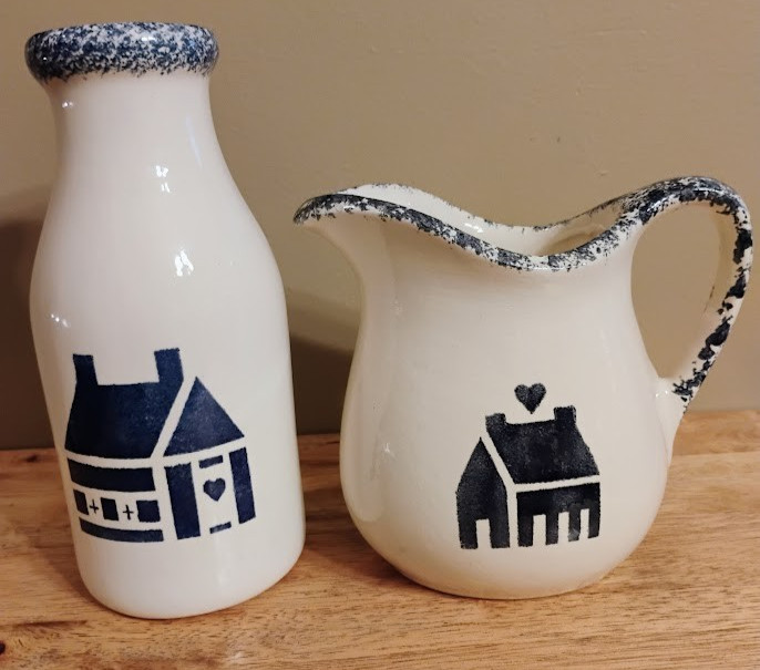 Vintage Hand Painted Glazed Finish 6" Pitcher & 8" Milk Jug Lot w Stamped Int